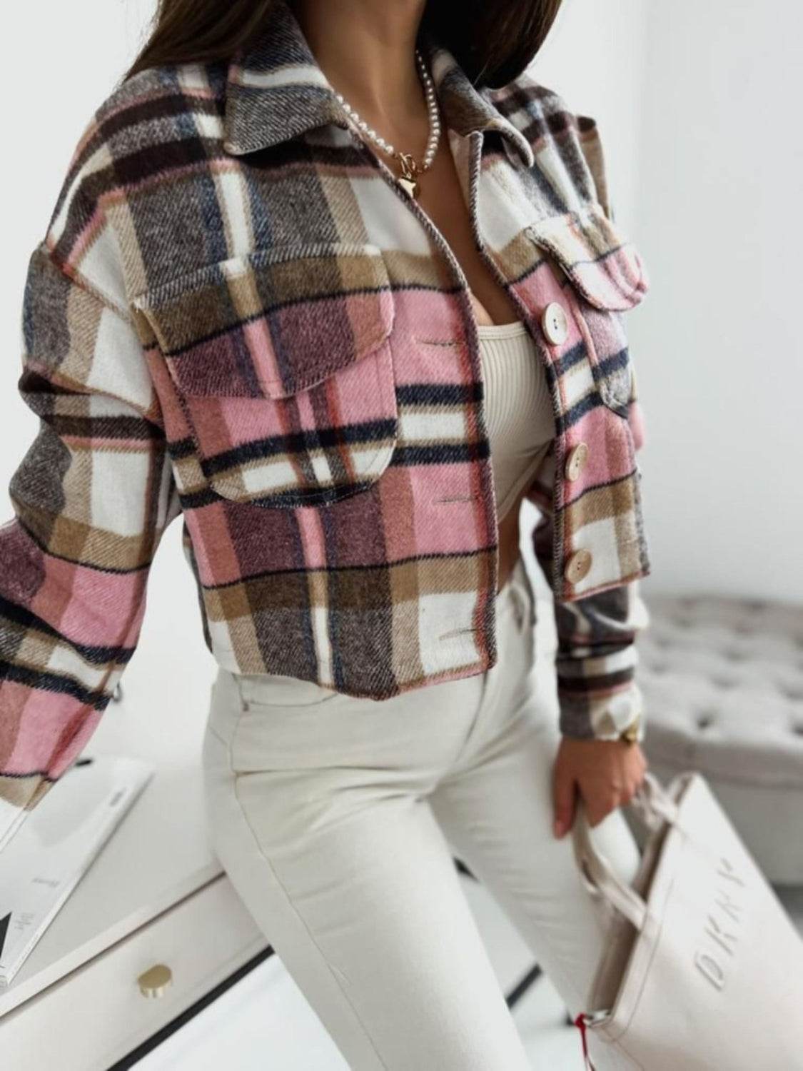Pocketed Collared Neck Long Sleeve Plaid Jacket - Amexza