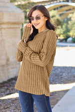 Basic Bae Full Size Ribbed Round Neck Long Sleeve Knit Top Khaki for a perfect OOTD – dress to impress outfits from Amexza