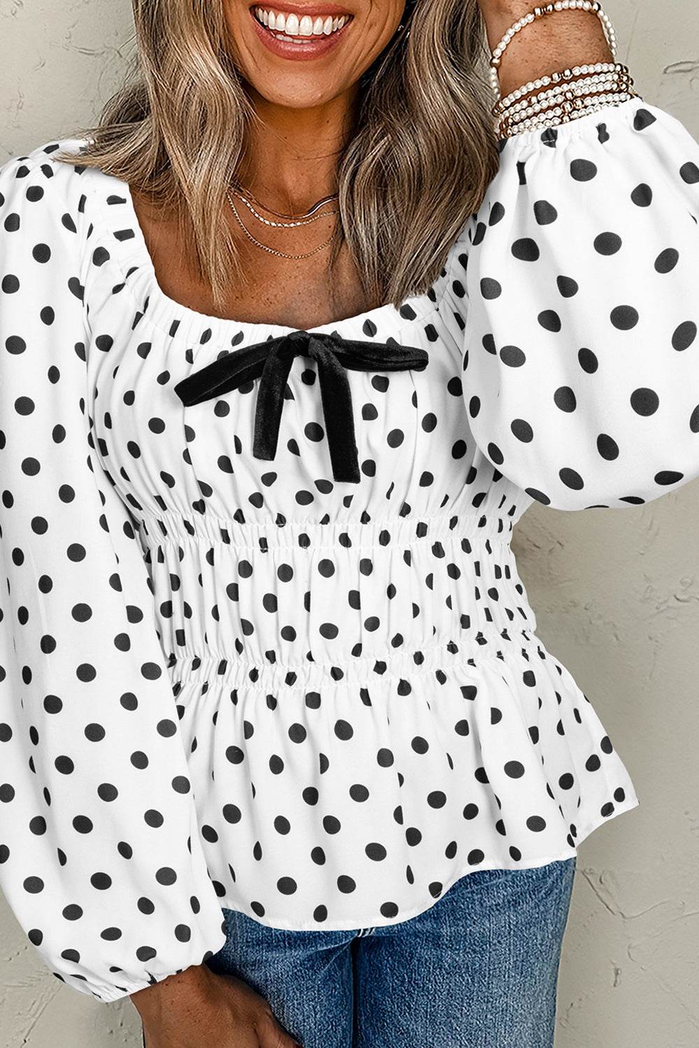Bow Polka Dot Square Neck Long Sleeve Blouse - Amexza
