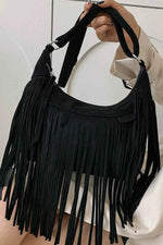 Suede Fringe Adjustable Strap Shoulder Bag Black One Size for a perfect OOTD – dress to impress outfits from Amexza