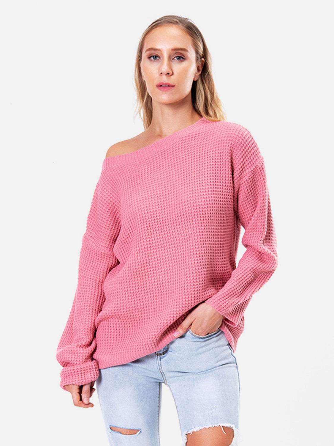 Boat Neck Drop Shoulder Long Sleeve Sweater Hot Pink for a perfect OOTD – dress to impress outfits from Amexza
