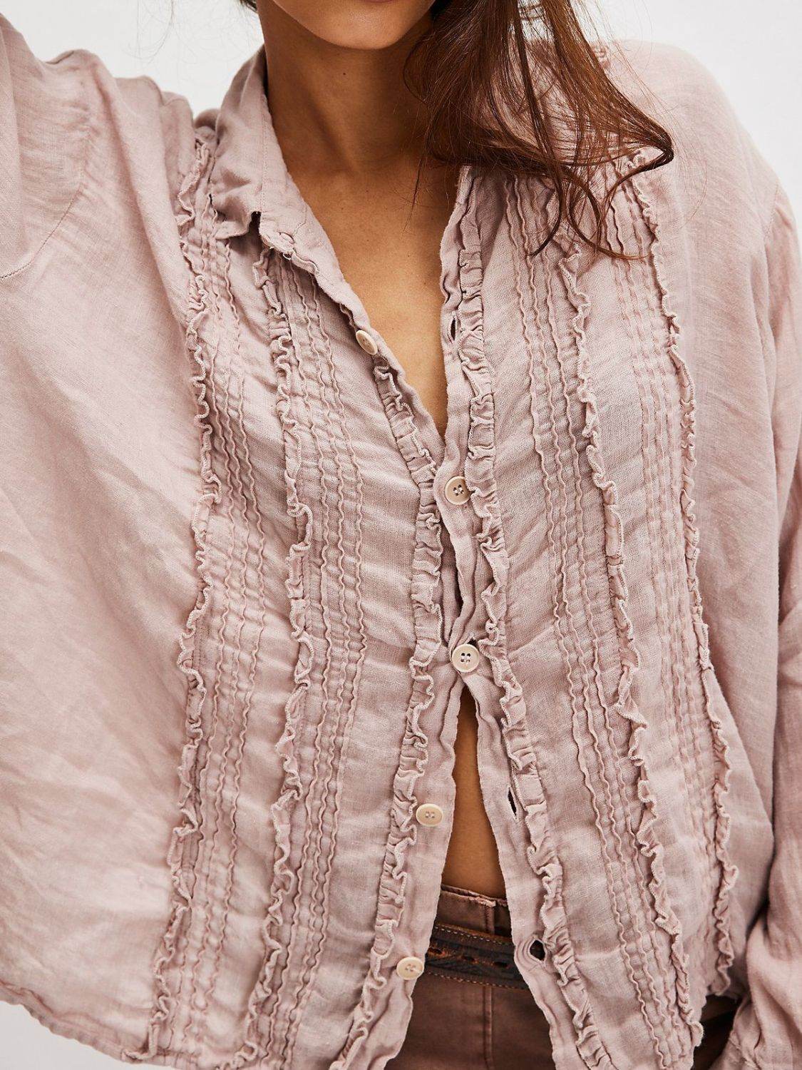 Frill Ruched Collared Neck Long Sleeve Shirt Dusty Pink for a perfect OOTD – dress to impress outfits from Amexza