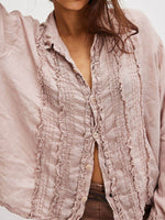 Frill Ruched Collared Neck Long Sleeve Shirt Dusty Pink for a perfect OOTD – dress to impress outfits from Amexza