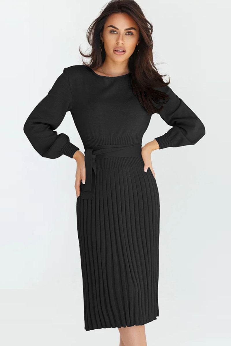 Round Neck Long Sleeve Pleated Sweater Dress Black for a perfect OOTD – dress to impress outfits from Amexza