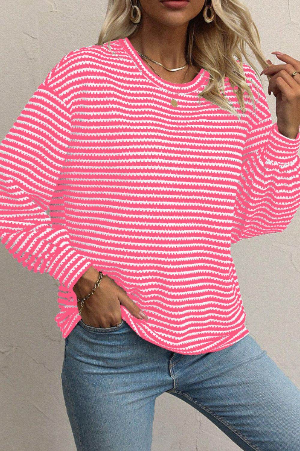 Striped Round Neck Long Sleeve Top - Amexza