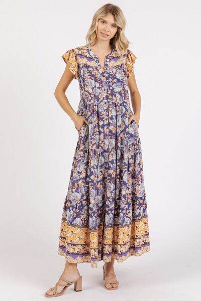 Mittoshop Floral Ruffled Notched Cap Sleeve Maxi Dress for a perfect OOTD – dress to impress outfits from Amexza