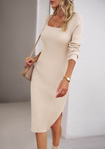 Devine Rib-Knit Slit Sweater Dress Tan for a perfect OOTD – dress to impress outfits from Amexza