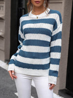 Perfee Striped Round Neck Dropped Shoulder Sweater Azure for a perfect OOTD – dress to impress outfits from Amexza