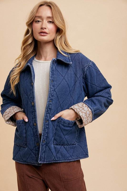 Annie Wear Quilted Printed Lining Snap Down Denim Jacket - Amexza