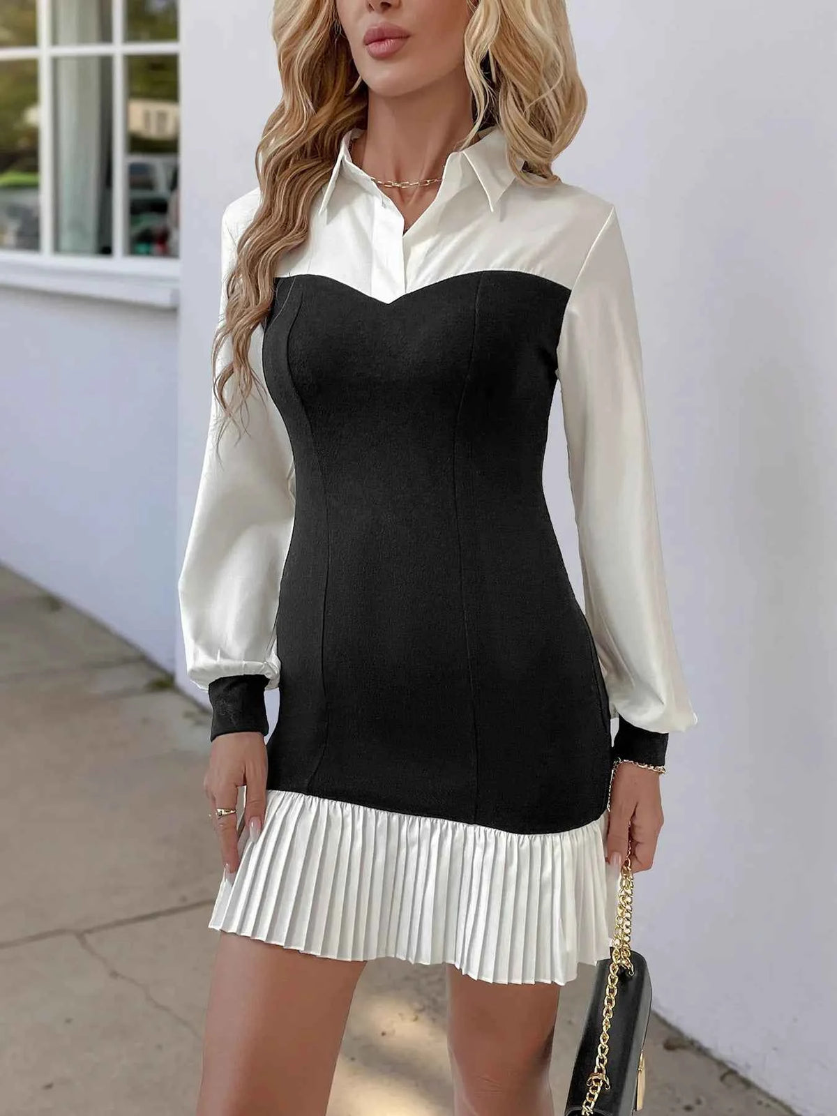Two Tone Pleated Long Sleeve Shirt Dress