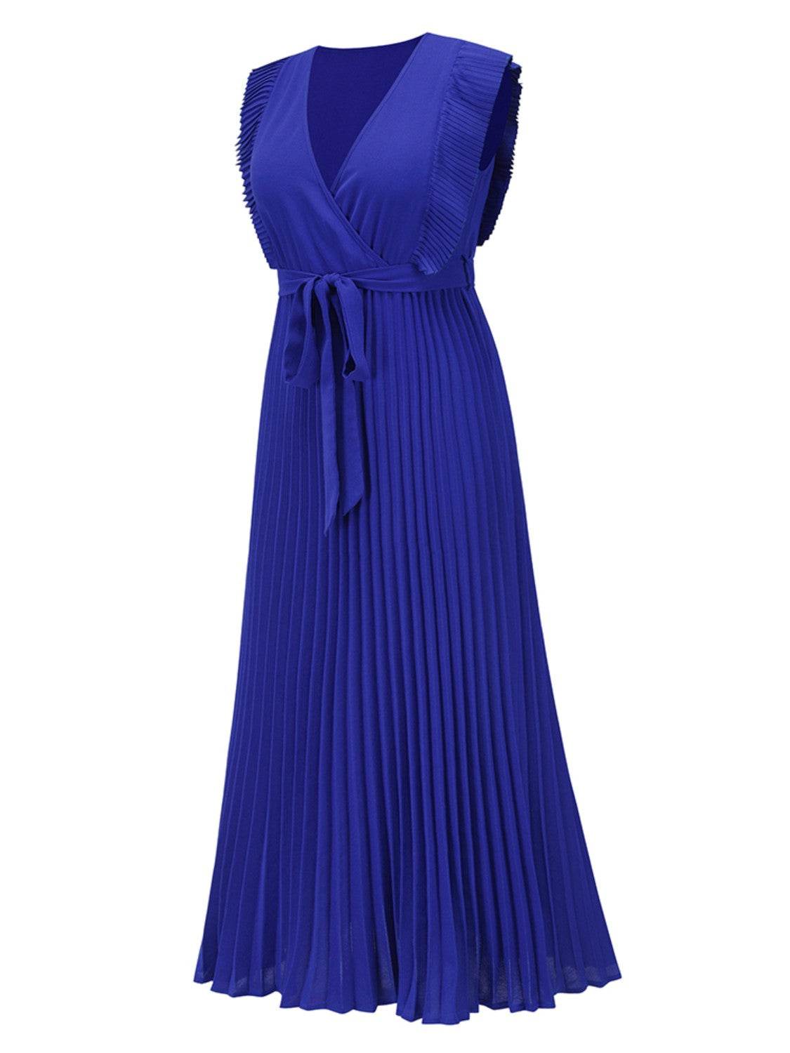 Tied Surplice Cap Sleeve Pleated Dress - Amexza