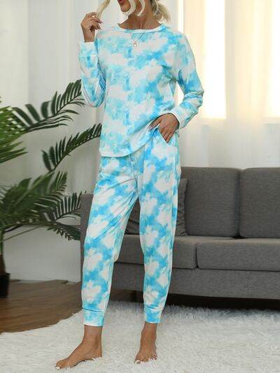 Shiny Tie-Dye Round Neck Top and Pants Lounge Set Light Blue for a perfect OOTD – dress to impress outfits from Amexza