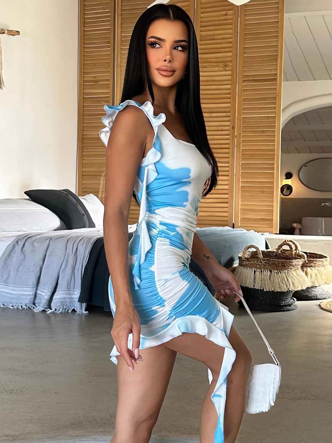 Ruffled Tie-Dye Single Shoulder Mini Dress - Amexza