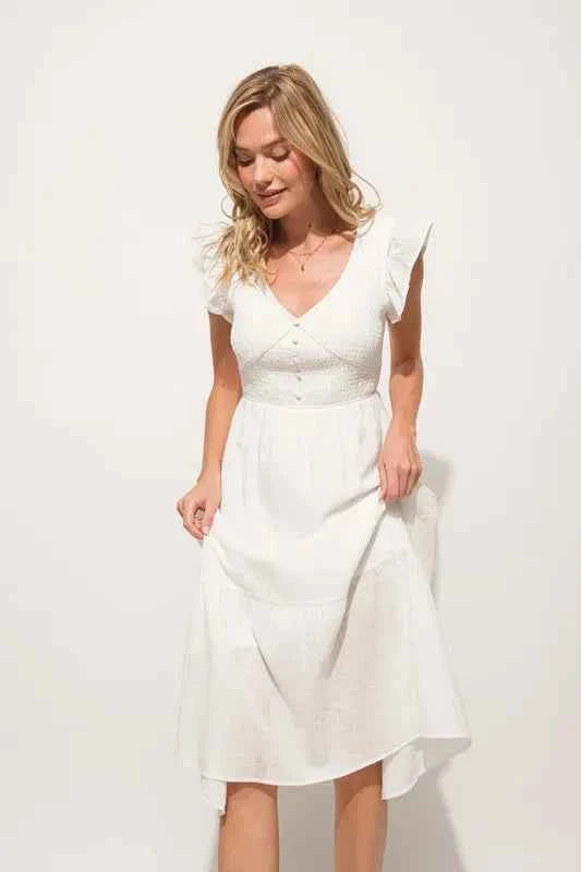 And The Why Ruffle Sleeve Front Smocked Tiered Midi Dress