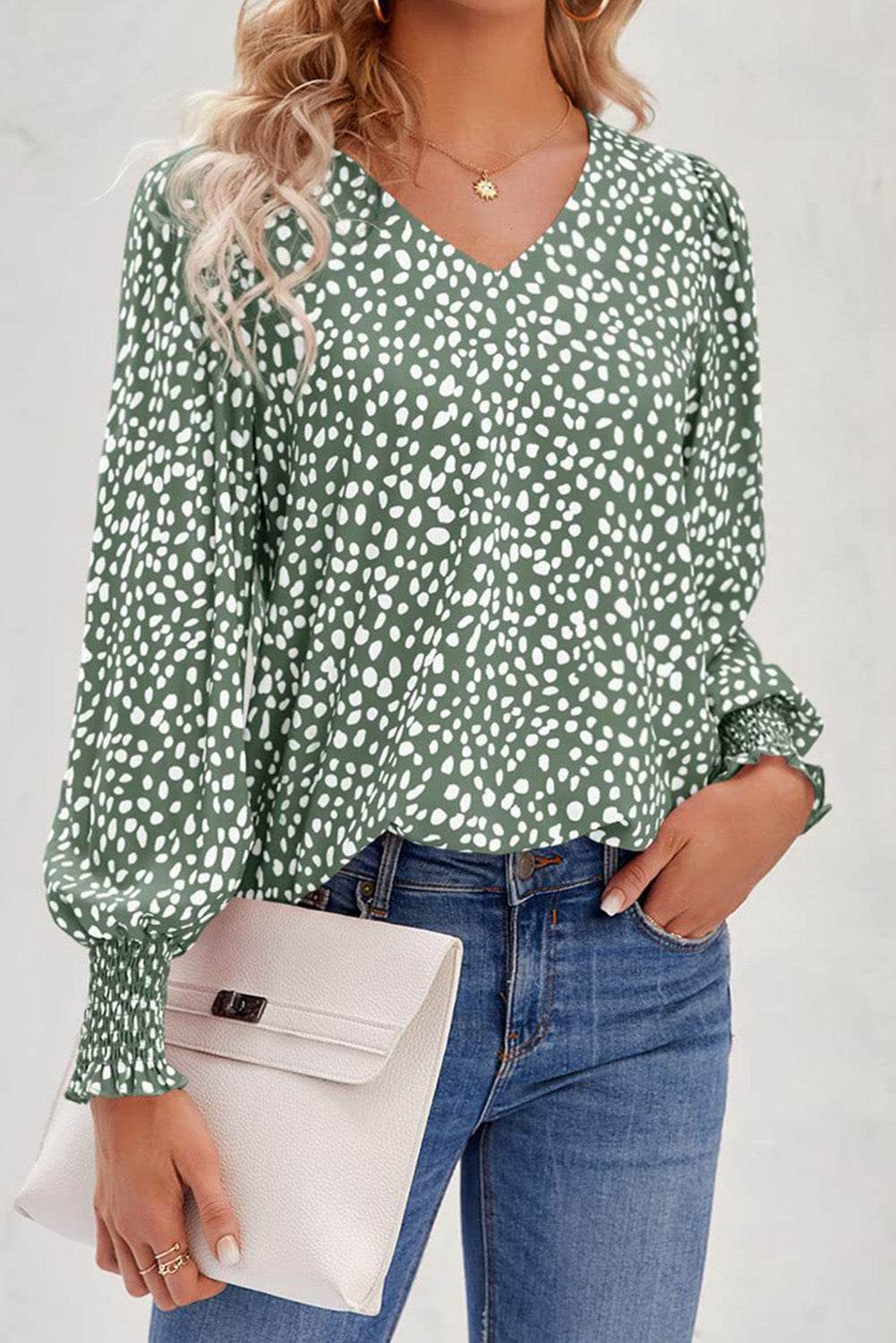 Printed V-Neck Smocked Lantern Sleeve Blouse - Amexza