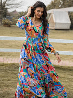 Printed Smocked Tie Neck Balloon Sleeve Maxi Dress - Amexza