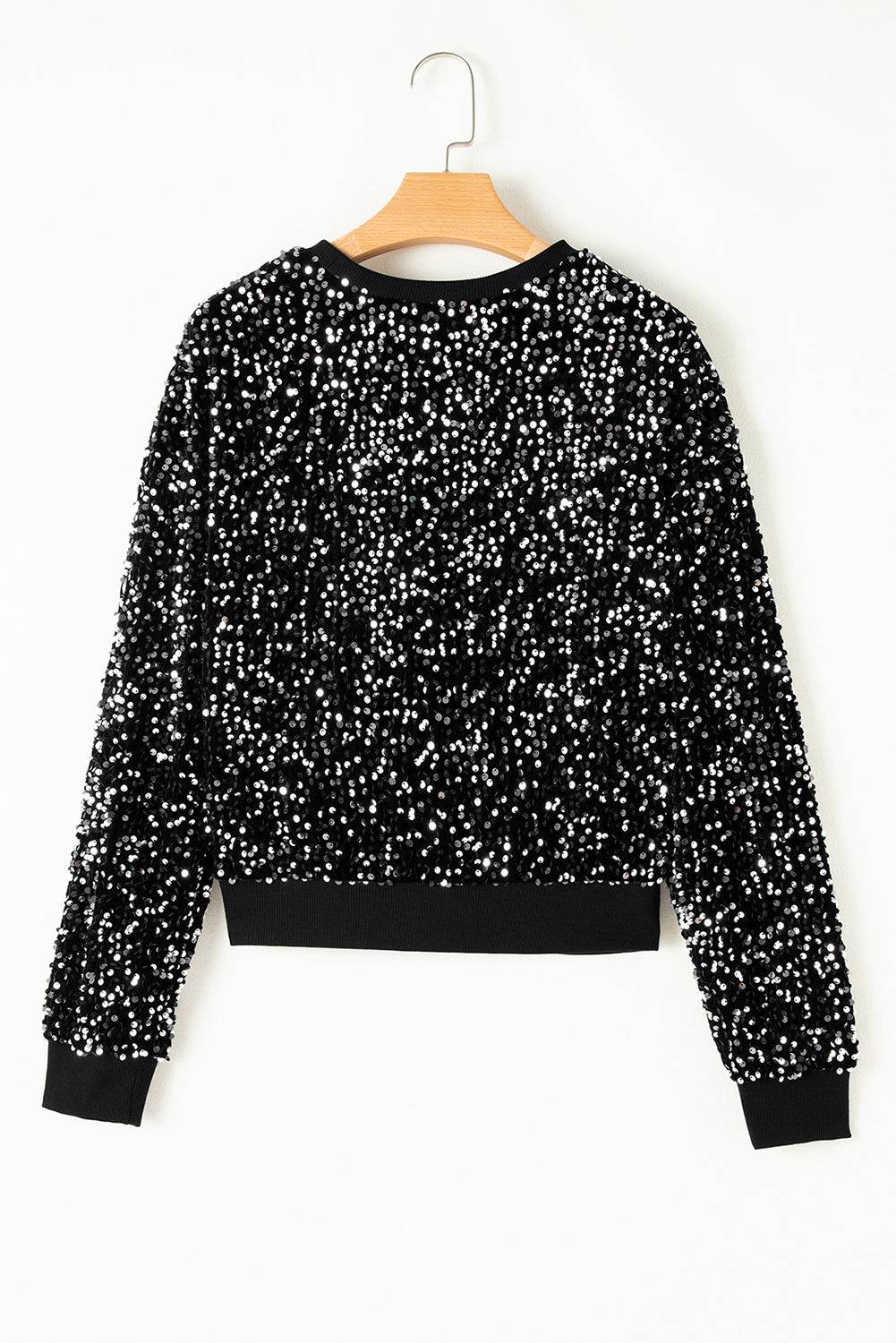Sequin Round Neck Long Sleeve Blouse - Amexza