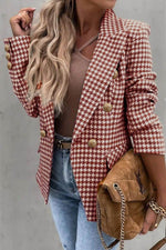 Houndstooth Collared Neck Double-Breasted Blazer - Amexza