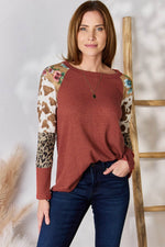 Hailey & Co Full Size Leopard Waffle-Knit Blouse for a perfect OOTD – dress to impress outfits from Amexza