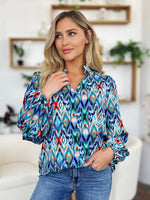 Double Take Full Size Printed Balloon Sleeve Blouse - Amexza
