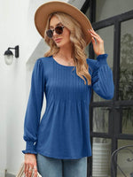 Smocked Round Neck Lantern Sleeve Blouse - Amexza