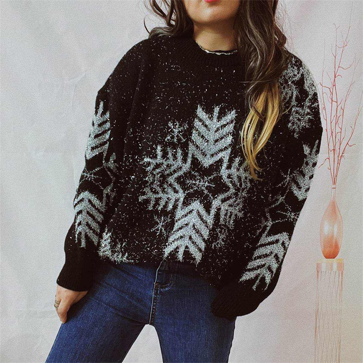 Snowflake Pattern Long Sleeve Sweater for a perfect OOTD – dress to impress outfits from Amexza