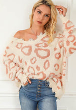 Distressed Trim Leopard V-Neck Sweater for a perfect OOTD – dress to impress outfits from Amexza