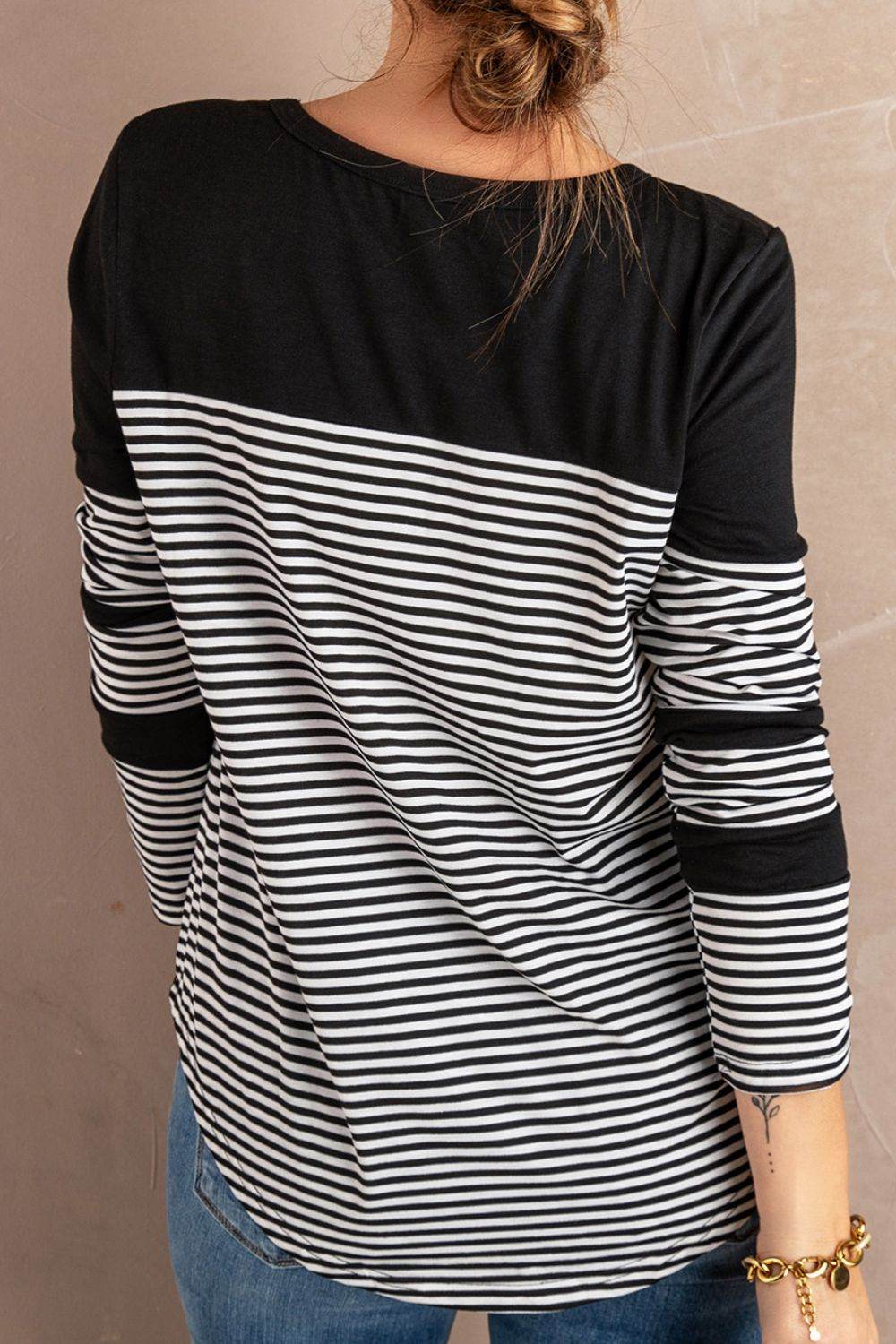Striped Round Neck Long Sleeve T-Shirt - Amexza