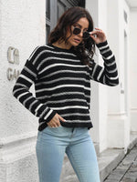 Striped Round Neck Dropped Shoulder Sweater for a perfect OOTD – dress to impress outfits from Amexza