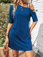 Asymmetrical Neck Half Sleeve Mini Dress Peacock Blue for a perfect OOTD – dress to impress outfits from Amexza