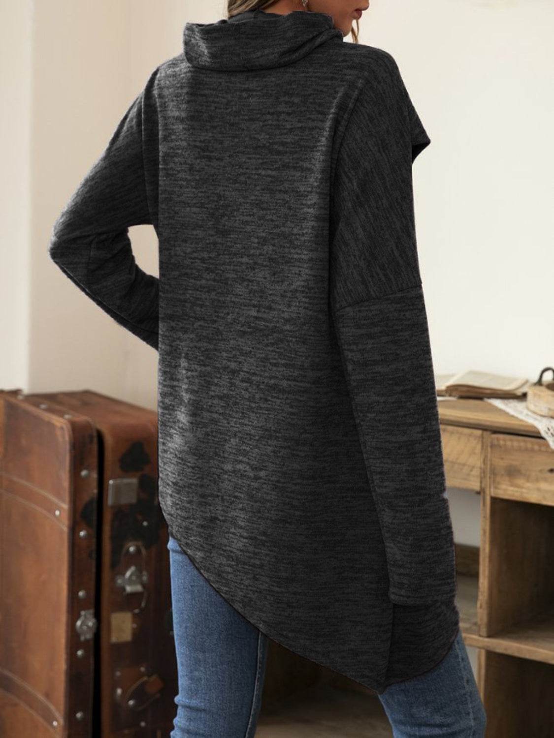 Asymmetrical Hem Cowl Neck Long Sleeve T-Shirt - Amexza