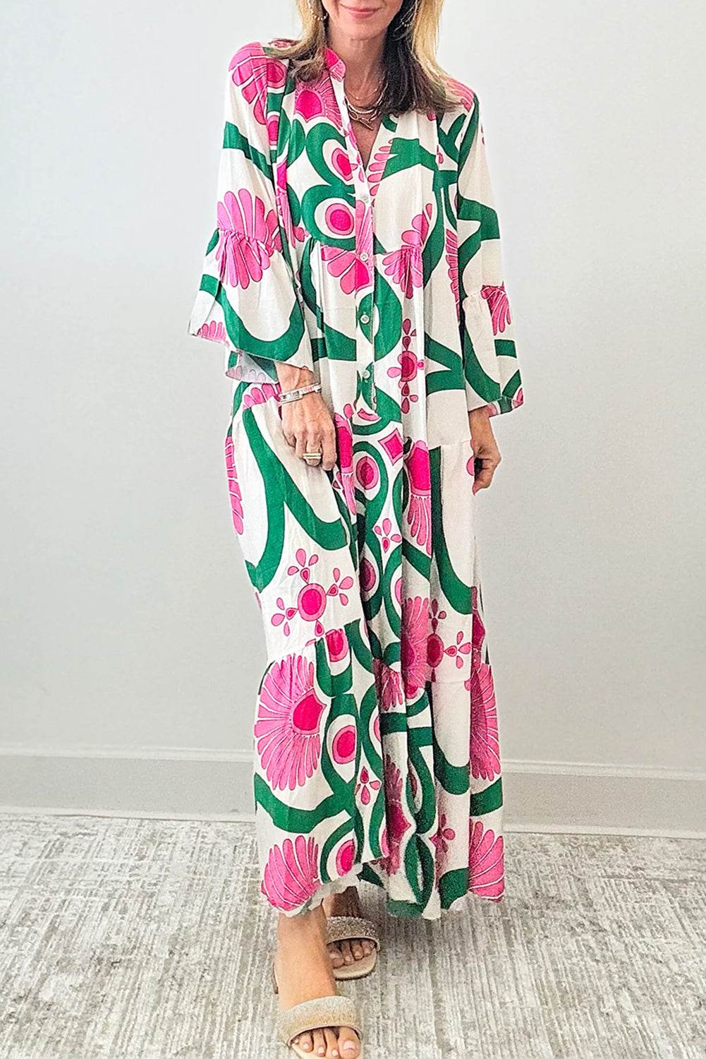 Printed Notched Long Sleeve Maxi Dress - Amexza