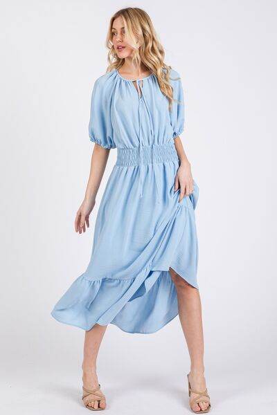 Ces Femme Smocked Elastic Waist Tie Neck Puff Sleeve Dress for a perfect OOTD – dress to impress outfits from Amexza