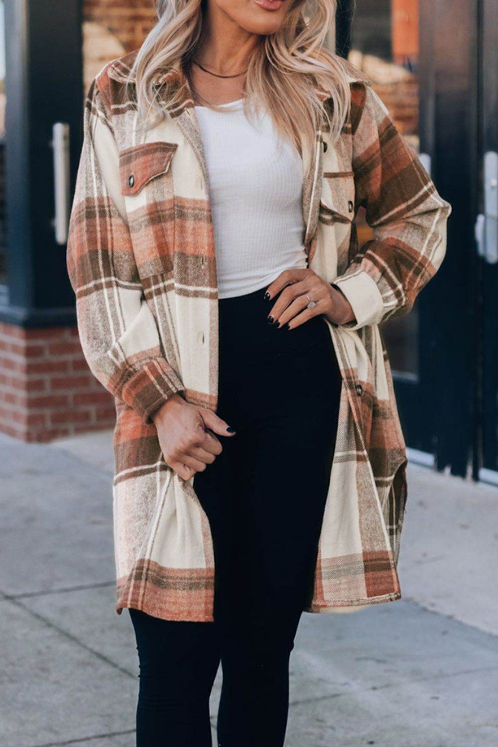 Pocketed Plaid Collared Neck Shacket - Amexza