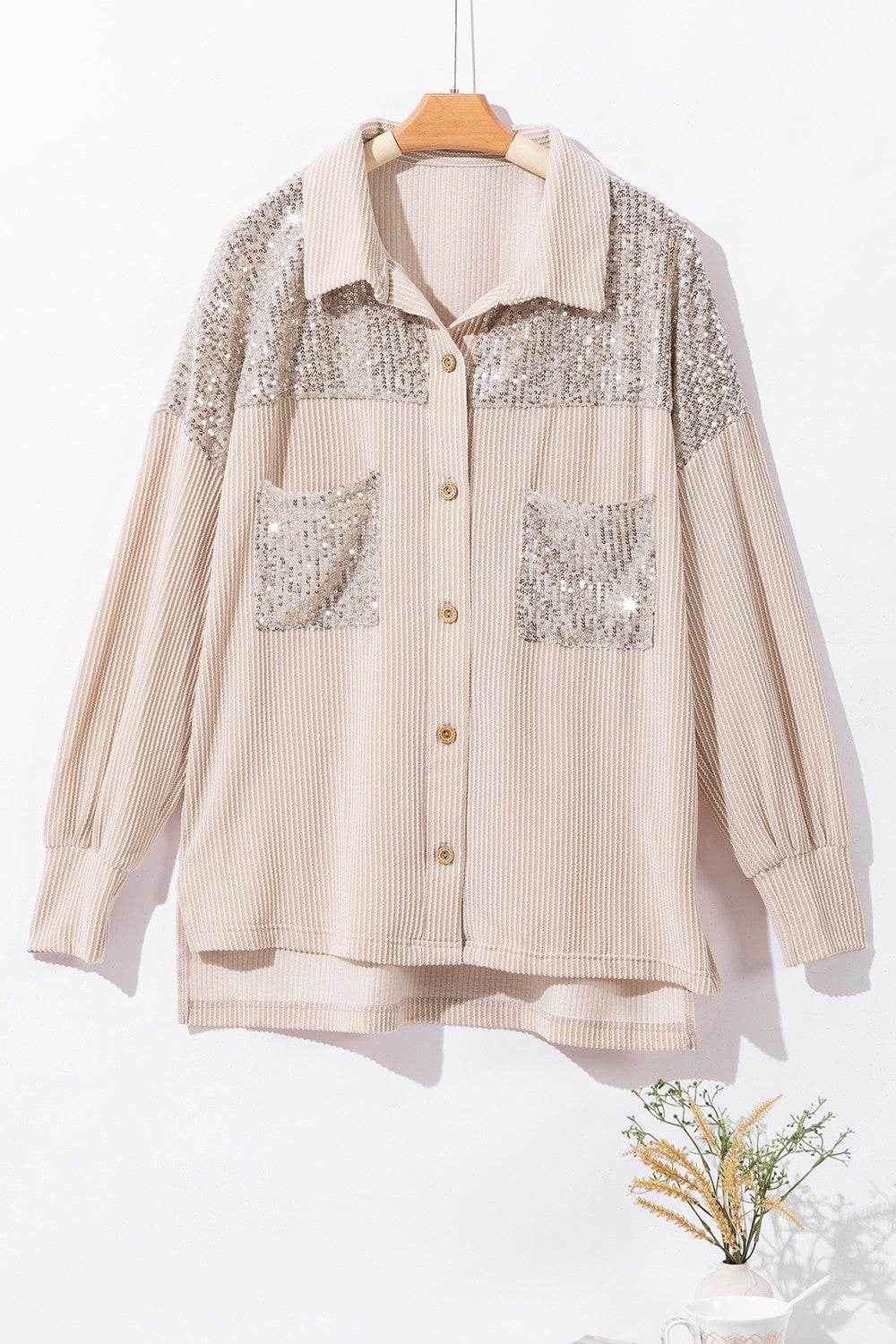 Sequin Button Up Dropped Shoulder Jacket - Amexza