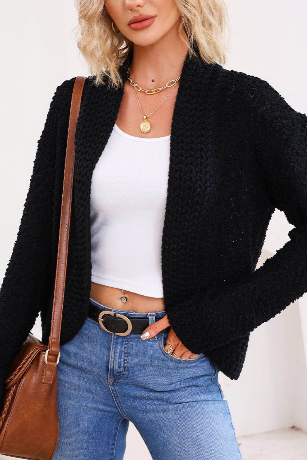 Solid Color Open Front Cardigan - Amexza