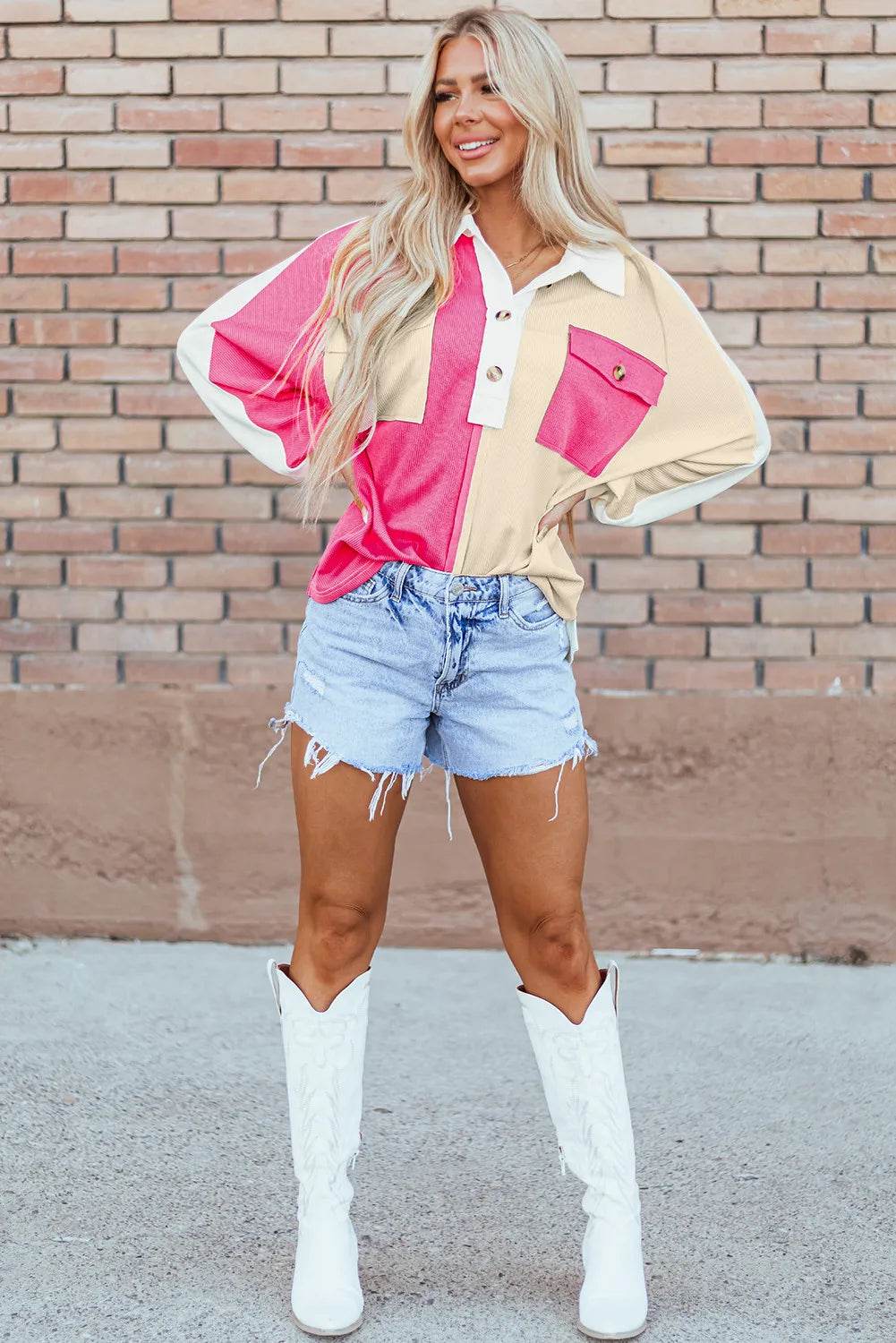 Color Block Collared Neck Long Sleeve Sweatshirt for a perfect OOTD – dress to impress outfits from Amexza