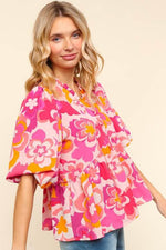 Haptics Full Size Frill Floral Puff Sleeve Blouse - Amexza