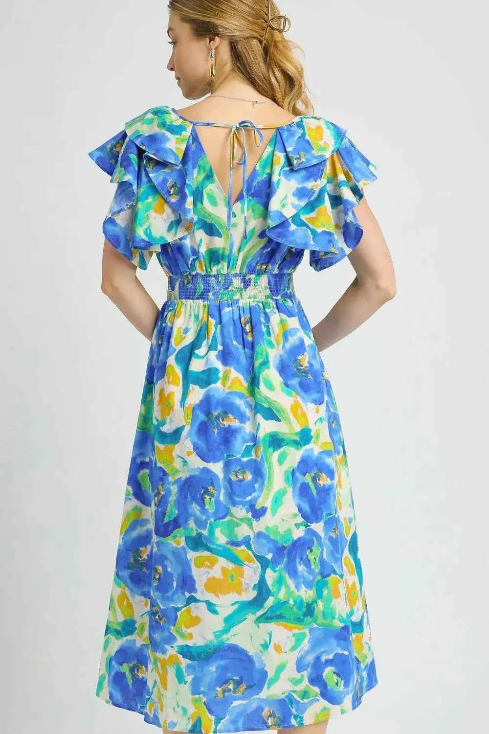 Umgee Floral Ruffled Cap Sleeve Midi Dress