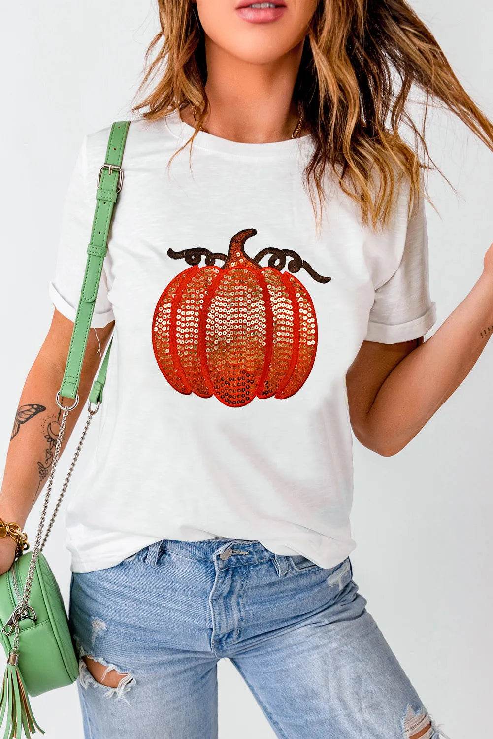 Full Size Sequin Pumpkin Round Neck Short Sleeve T-Shirt - Amexza