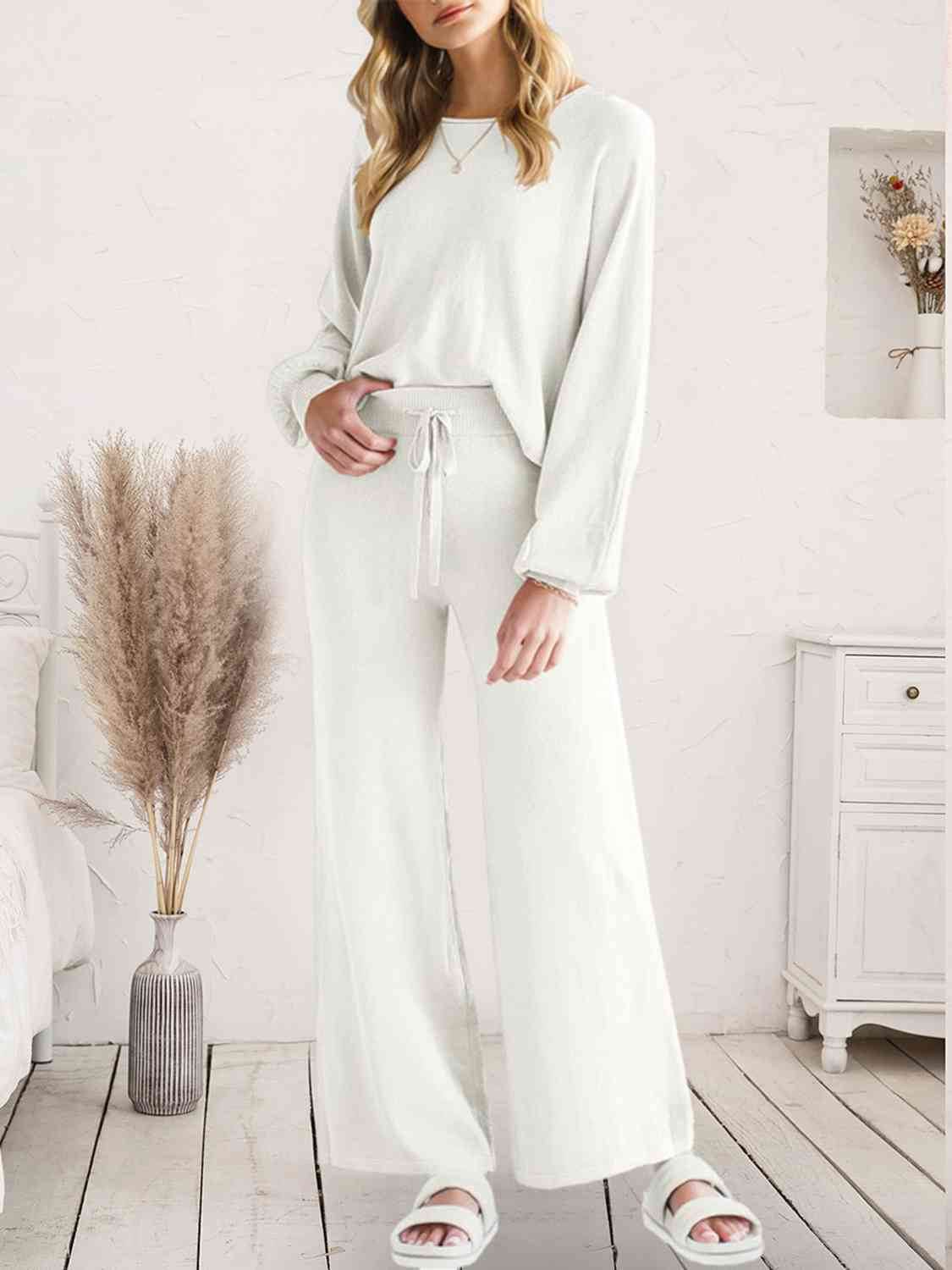 Long Sleeve Lounge Top and Drawstring Pants Set White for a perfect OOTD – dress to impress outfits from Amexza