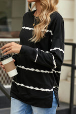 Slit Contrast Striped Round Neck Long Sleeve T-Shirt - Amexza