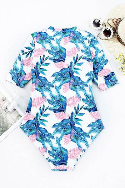 Printed Notched Half Sleeve One-Piece Swimwear for a perfect OOTD – dress to impress outfits from Amexza