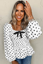 Bow Polka Dot Square Neck Long Sleeve Blouse - Amexza