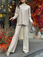 Slit Mock Neck Top and Pants Sweater Set for a perfect OOTD – dress to impress outfits from Amexza