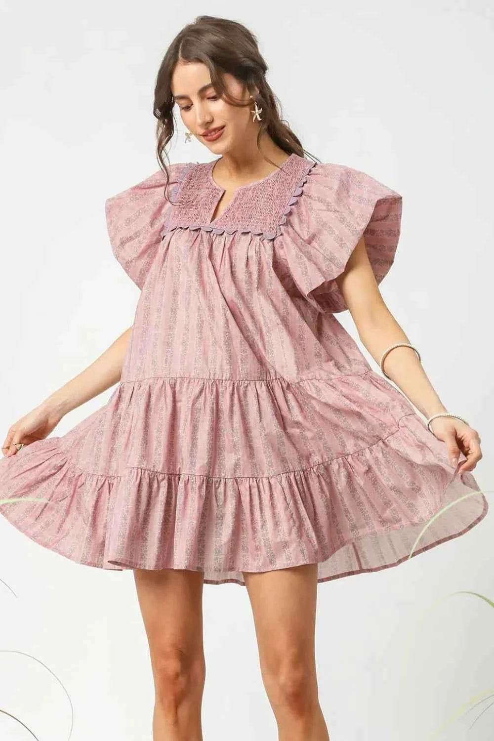 Umgee Floral Ruffled Cap Sleeve Tiered Mini Dress