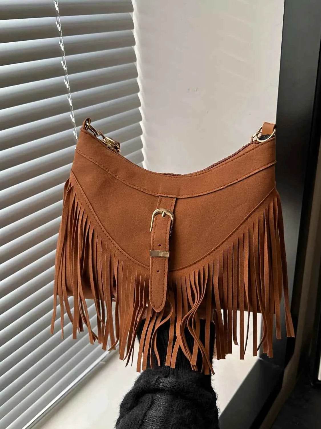 Fringe Solid Color Shoulder Bag Ochre One Size for a perfect OOTD – dress to impress outfits from Amexza