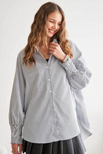 ADORA High-Low Striped Button Down Smocked Lantern Sleeve Shirt - Amexza