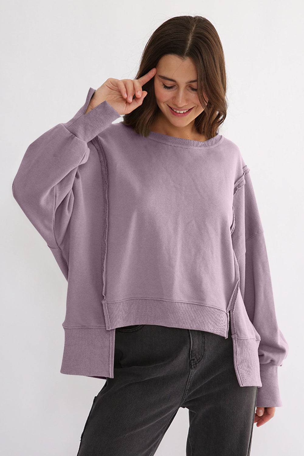 Exposed Seam High-Low Long Sleeve Sweatshirt Lilac One Size for a perfect OOTD – dress to impress outfits from Amexza