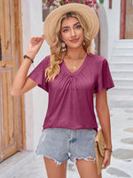 Double Take Ruched V-Neck Short Sleeve T-Shirt - Amexza